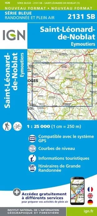 Carte randonnée St-Léonard-.de-Noblat/Eymoutiers | série Bleue IGN — recto