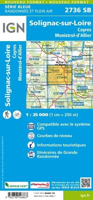 Carte randonnée Solignac-sur-Loire/Cayres.Monistrol-d'Allier | série Bleue IGN — recto