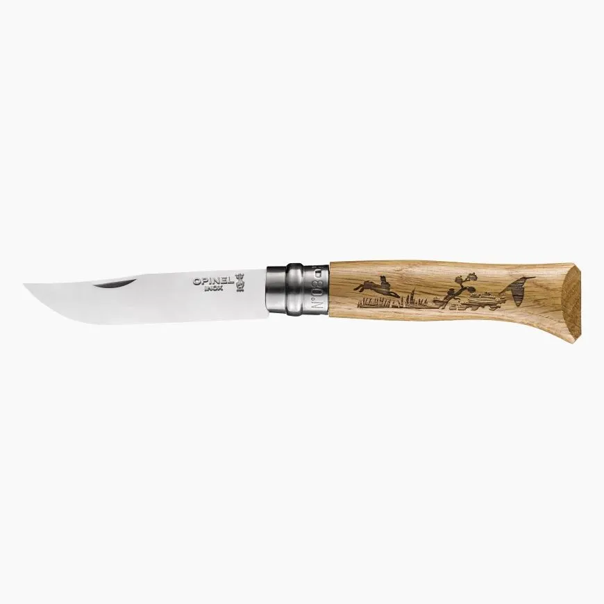 Opinel n°8 gravure Lièvre - Manche en chêne et lame inox — vue 1