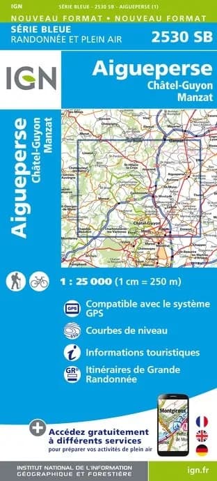 Carte randonnée Aigueperse/Chatelguyon/Manzat | série Bleue IGN
