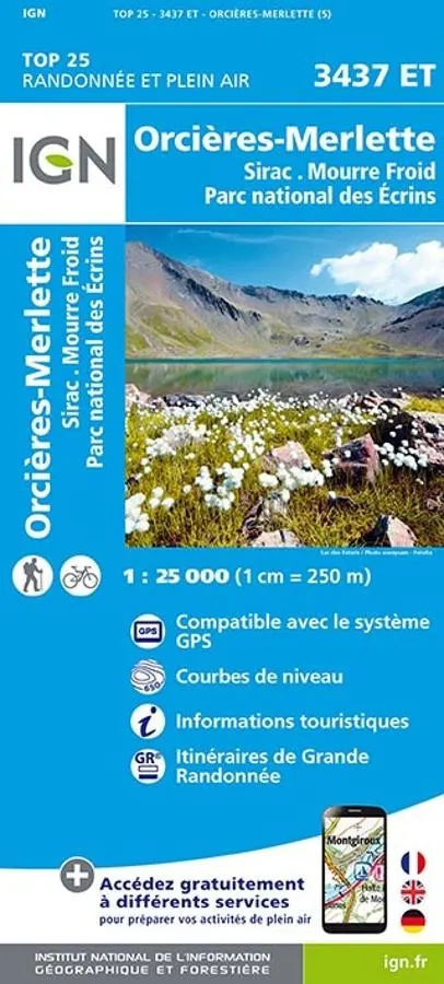 Carte IGN orcieres merlette sirac mourre froid ecrins 3437ET série Top 25