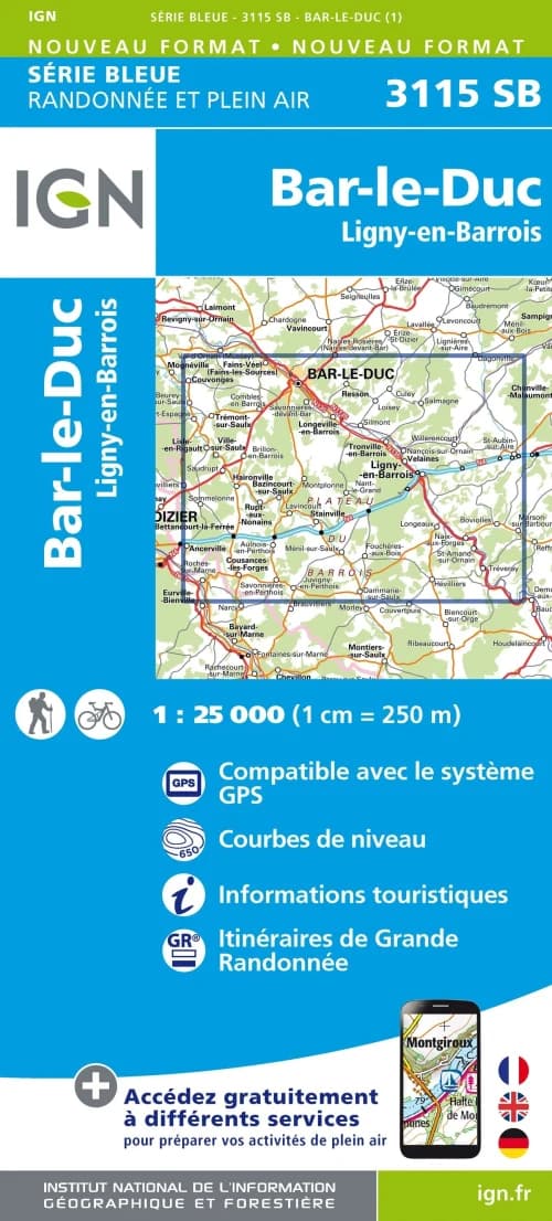 Carte Randonnée Bar le Duc / Ligny en Barrois | Série Bleue IGN