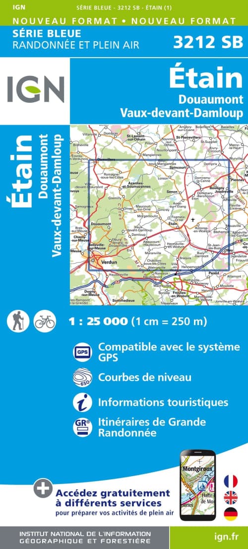 Carte Randonnée Étain / Douaumont / Vaux-Devant-Damloup | Série Bleue IGN
