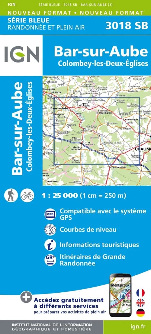 Carte randonnée Bar-sur-Aube/Colombey-les-Deux-Églises | série Bleue IGN