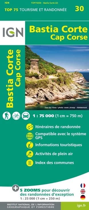 Carte tourisme Bastia, Corte, Cap Corse IGN Top 75