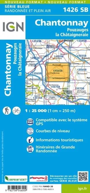 Carte randonnée Chantonnay/Pouzauges/la Châtaigneraie | série Bleue IGN