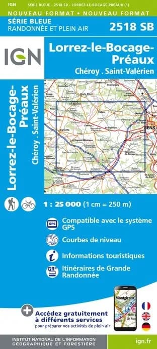 Carte randonnée Lorrez-le-Bocage-Préaux/Chéroy/St-Valérien | série Bleue IGN