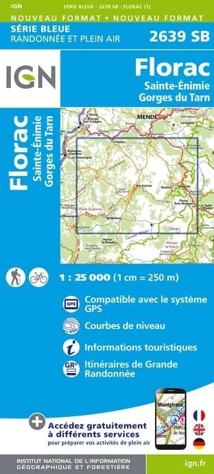 Carte randonnée Florac/Ste-Énimie/Gorges du Tarn | série Bleue IGN