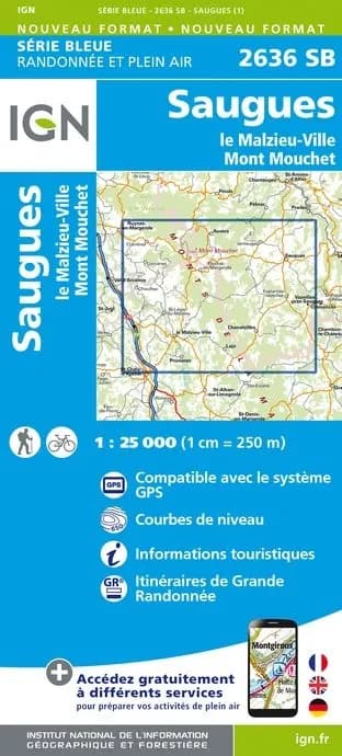 Carte randonnée Saugues/Le Malzieu-Ville/Mont-Mouchet | série Bleue IGN