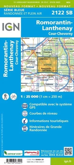 Carte randonnée Romorantin Lanthenay - Cour Cheverny | série Bleue IGN