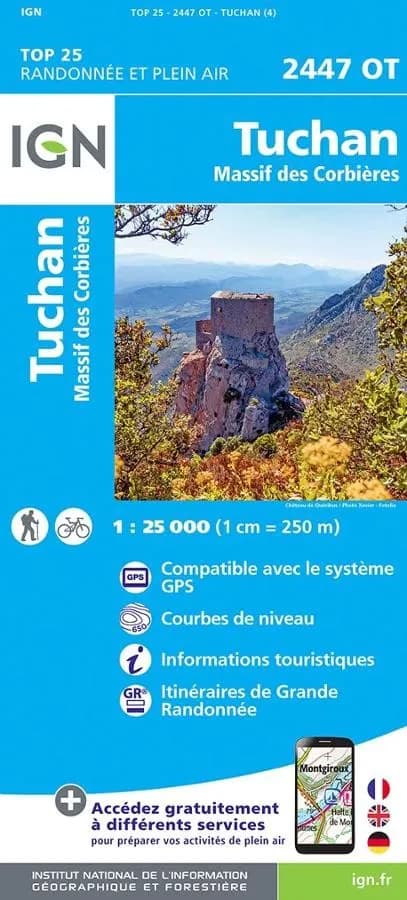 Carte IGN Tuchan Massif des Cordbieres 2447OT Série Top 25