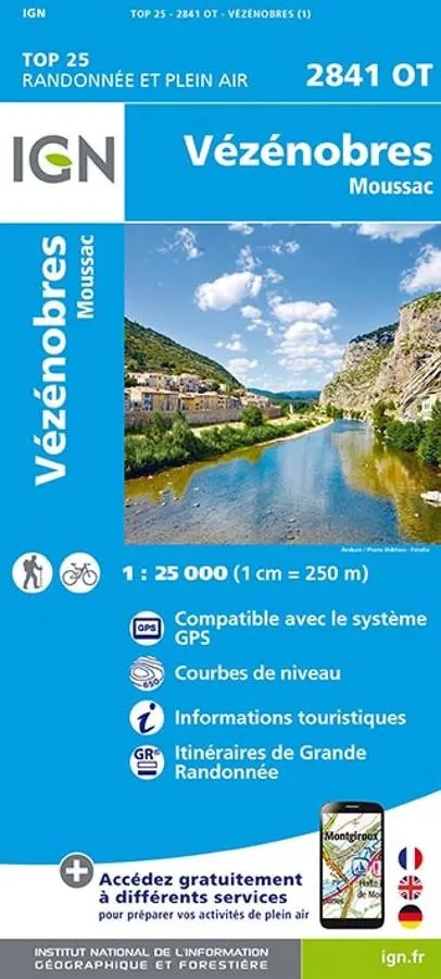 Carte IGN vezenobres moussac 2841OT série Top 25