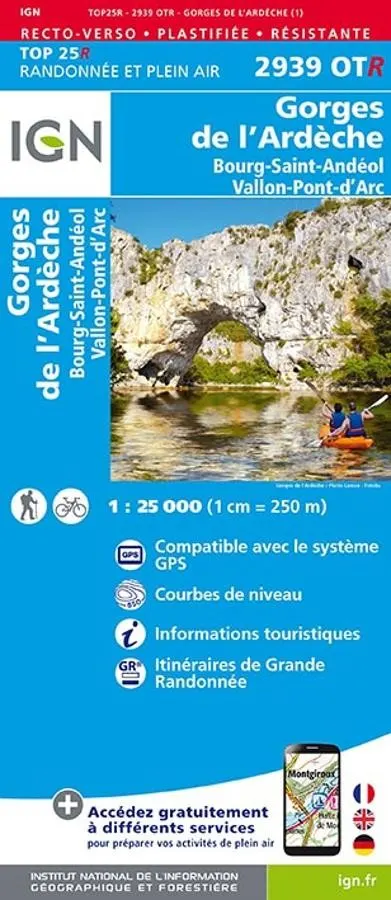 Carte IGN gorges ardeche st andeol vallon pont arc 2939OTR série Top 25 Résistante