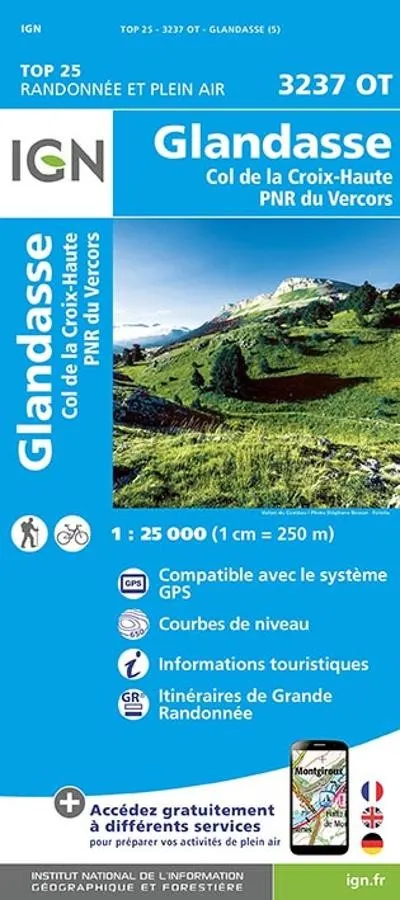 Carte IGN glandasse col croix haute parc vercors 3237OT série Top 25