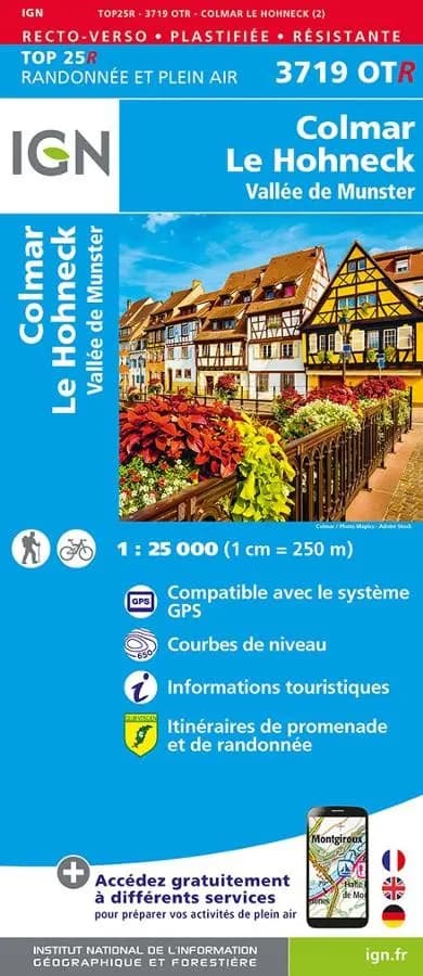 Carte IGN Colmar, Vallée de Munster 3719OTR série Top 25 Résistante