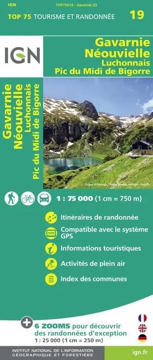 Carte tourisme Gavarnie, Néouvielle, Luchonnais, Pic-du-Midi-de-Bigorre IGN Top 75